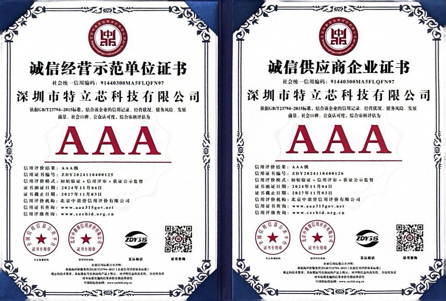 诚信经营示范单位证书、诚信供应商企业证书